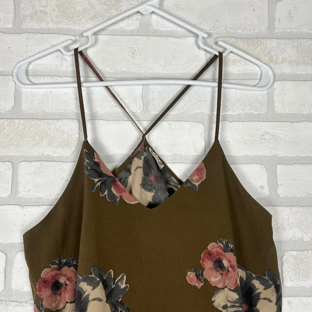 Intimately Free People XS Olive Green Floral Cami Cross Back Spaghetti Strap Top